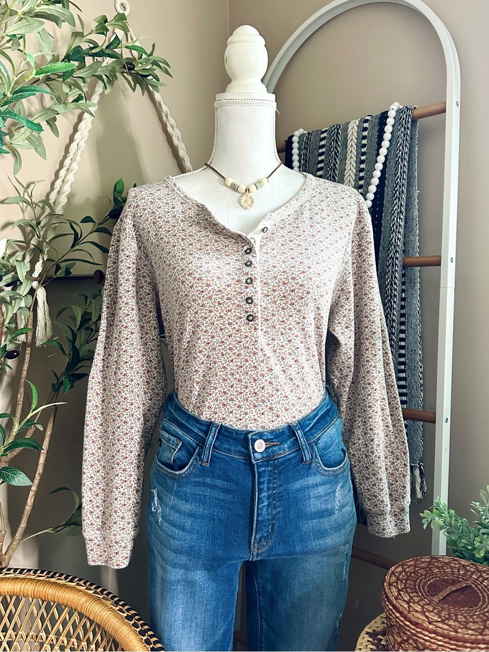 Vintage 90s St. John’s Bay Floral Henley Top Fall Cottagecore Medium